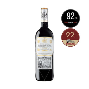 A bottle of Marques de Riscal Reserva 2021 Red Wine, displayed on a clean white background alongside two circular award badges on the right.