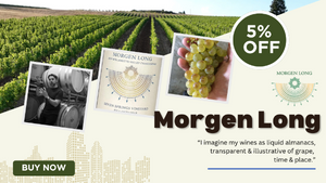 Promotional banner for Morgen Long wine with vineyard image, wine bottle, and promotional text.