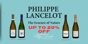 Philippe Lancelot wine bottles with promotional text on a light blue background