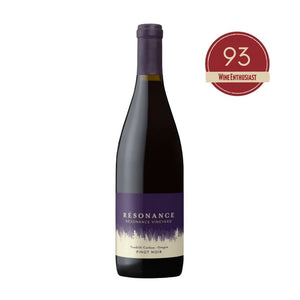 Resonance Pinot Noir wine bottle with Wine Enthusiast score on a white background