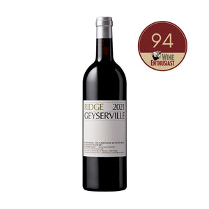 Bottle of Ridge 2021 Geyserville wine with a Wine Enthusiast score label on a white background
