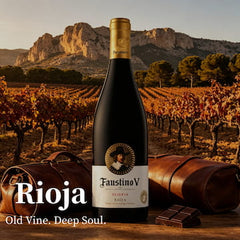 Bottle of Faustino V Reserva Rioja wine with a vineyard and mountains in the background