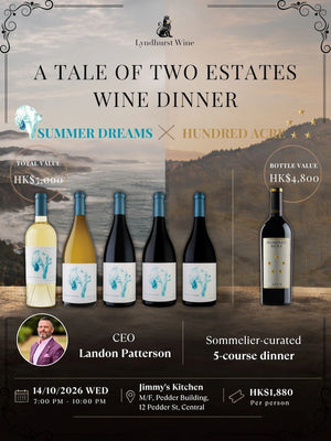 Promotional flyer for a 'A Tale of Two Estates Wine Dinner' featuring five wine bottles, event details, and a photo of CEO Landon Patterson. The flyer is branded by Lynhurst Wine and features a scenic background of a coastal landscape at dusk.