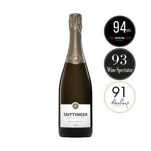 A bottle of Taittinger Champagne with award badges on the right, including James Suckling's 94, Wine Spectator's 93, and Robert Parker's 91.