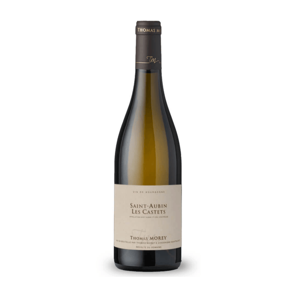 Thomas Morey Les Castets Saint-Aubin Premier Cru 2022 bottle with label on a white background