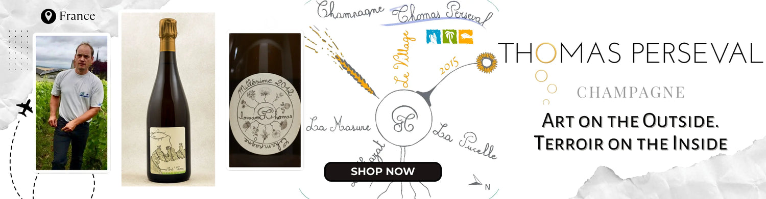 Promotional banner for Thomas Perseval champagne with branding and product images.