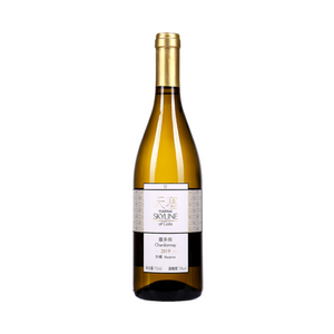 A bottle of Tiansai Skyline of Gobi Chardonnay Reserve wine with a label that includes the product name and the year 2023.
