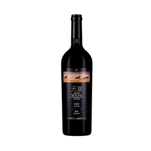 A bottle of 2019 Tiansai Skyline of Gobi Marselan wine with a label depicting a desert scene.