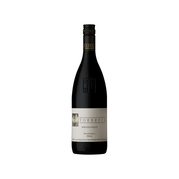 This image features a bottle of Torbreck Woodcutter's Shiraz 2023 wine. The bottle is tall with a dark tint and a simple, elegant label that reads "Torbreck" prominently at the top.