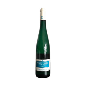 A bottle of Steffensberg Riesling wine with a dark green glass body, a white capsule, and a blue and white label, set against a plain white background.