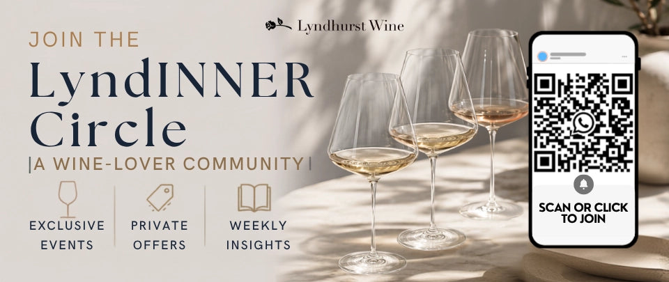 Promotional graphic for Lyndhurst Wine inviting people to the Lyndinner Circle wine lover community, featuring elegant wine glasses with white wine, a smartphone with a QR code and the text 'SCAN OR CLICK TO JOIN', and event highlights on a warm beige background.