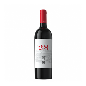 A bottle of Xige Estate N28 Cabernet Sauvignon 2020 wine with a red cap and a label that includes the wine name and vintage year.