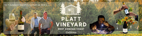 Promotional banner for Platt Vineyard featuring people enjoying wine outdoors with scenic background.